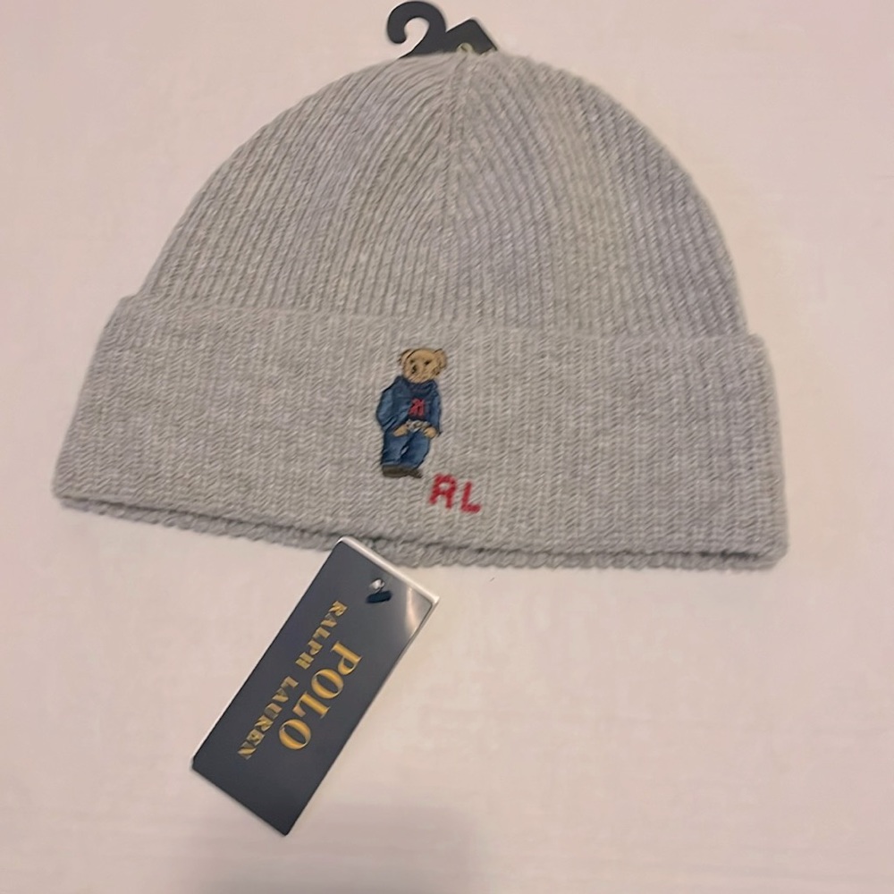 POLO RALPH LAUREN Men's RL SWEATER DENIM BEAR Beanie Hat Skull Ski Cap GRAY